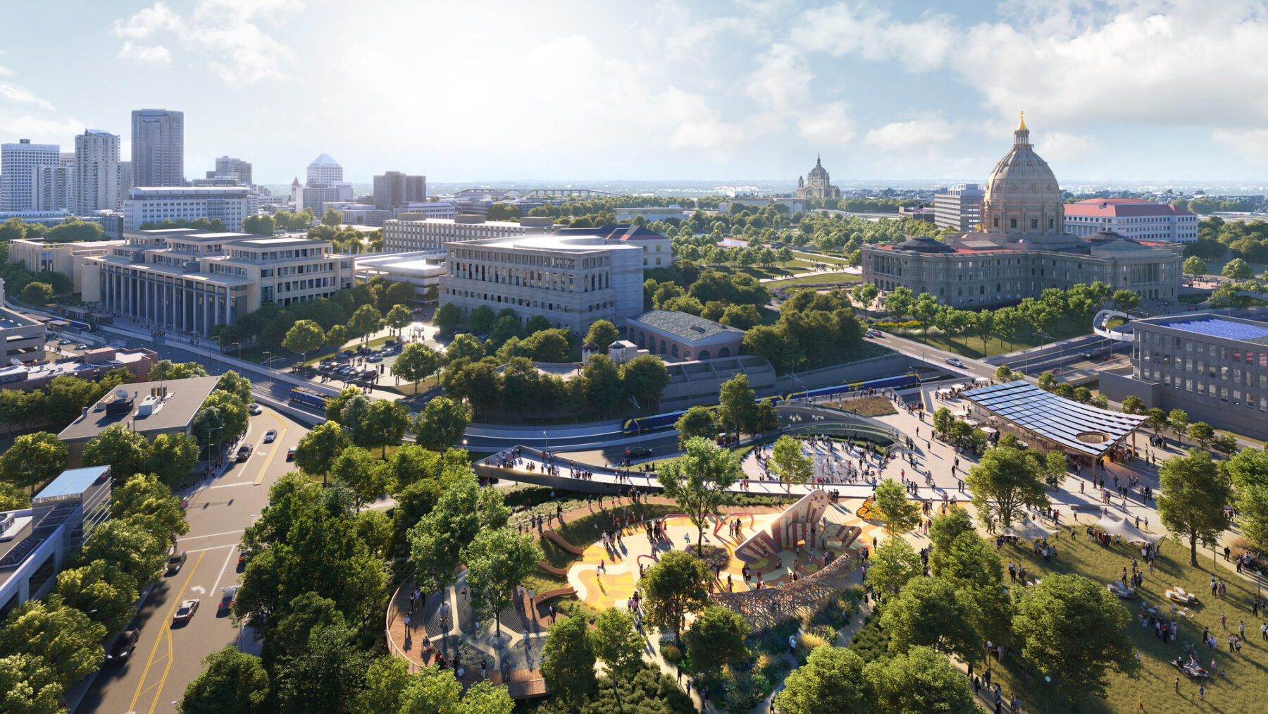 aerial rendering of Minnesota capitol with views over Cass Gilbert Overlook Park and surrounding downtown corridors
